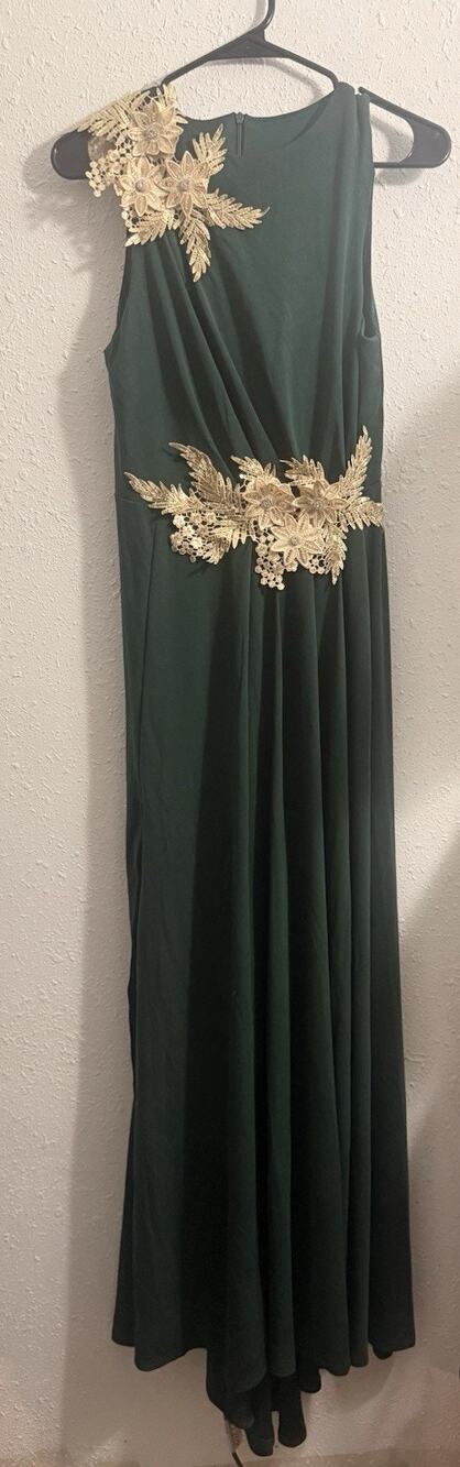 Green Maxi Dress High Neck Sleeveless Gold Lace Applique Zip Closure Sz S